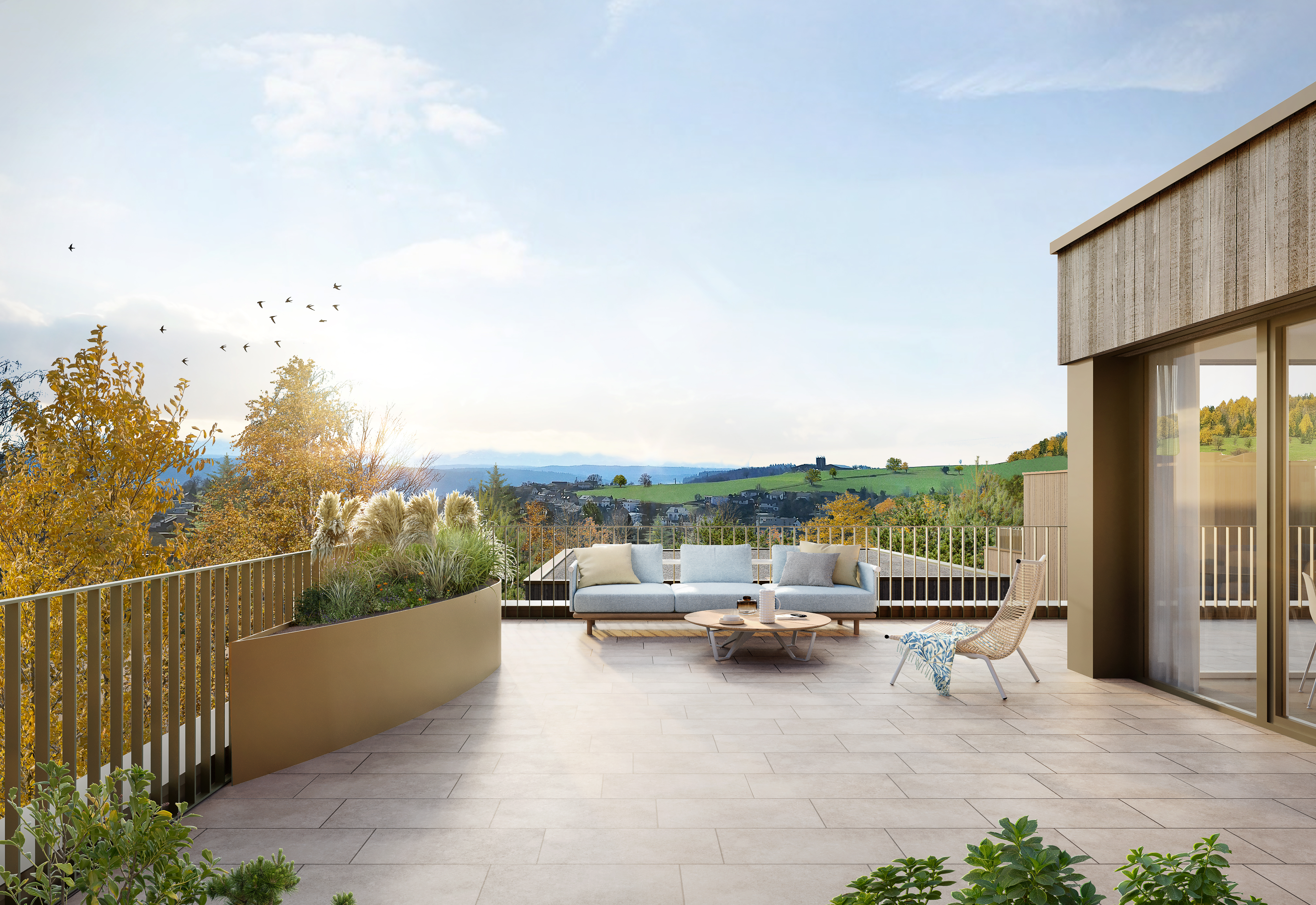 Attika-Dachterrasse mit Weitblick über Hügellandschaft