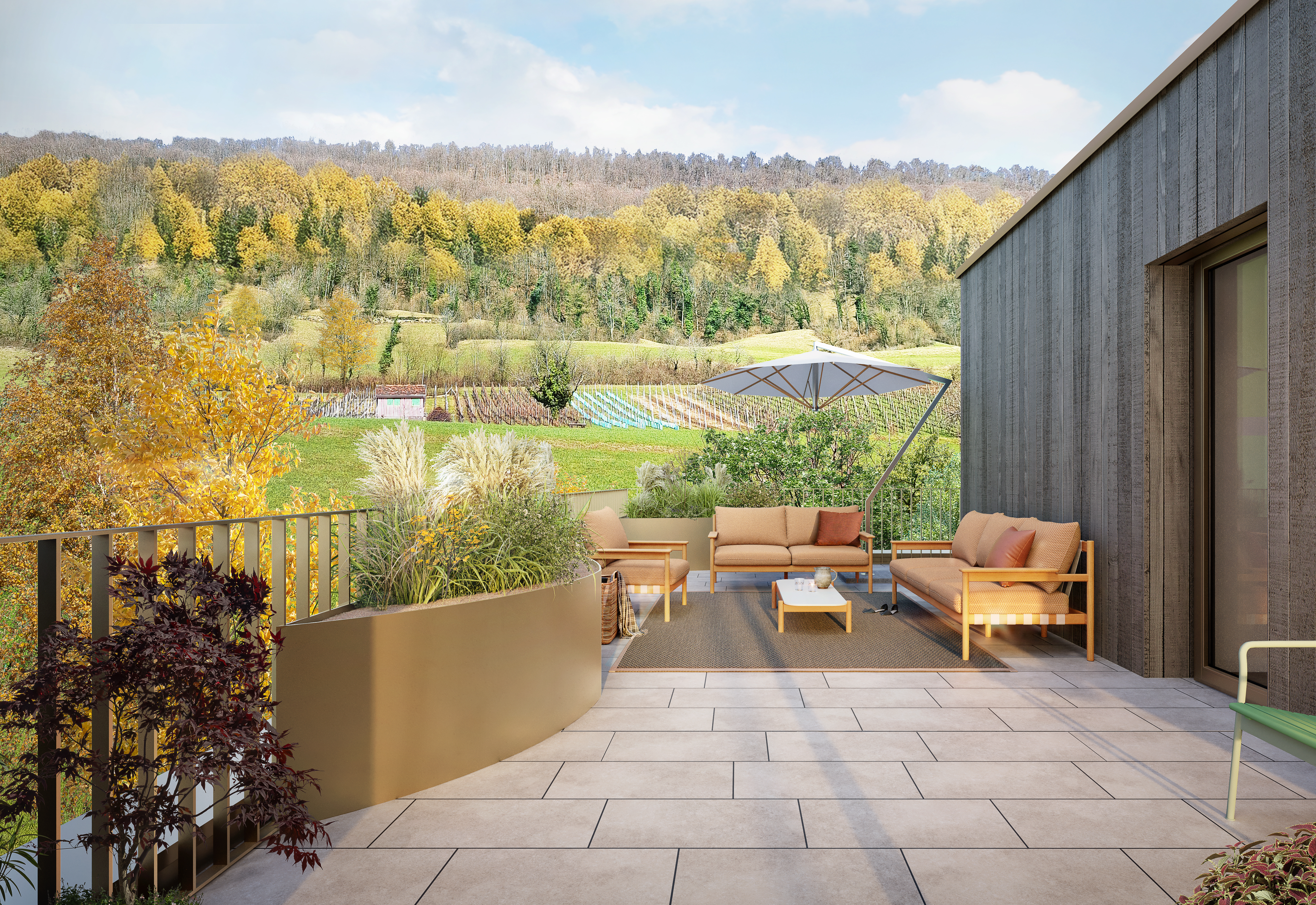 Attika-Terrasse mit Blick auf Weinberg und Heckenlandschaft